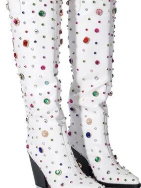 Azalea Wang White Over-the-Knee Boots with Multicolor Gem Embellishments, 8.5
